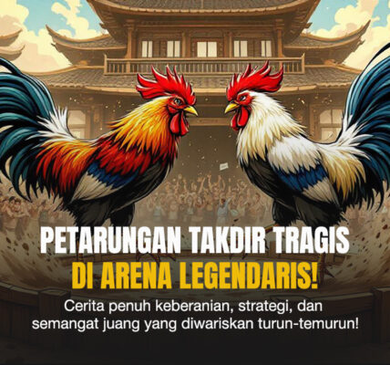 Dua ayam jago bertarung di tengah arena dengan kerumunan penonton di lingkungan tradisional bergaya oriental klasik.