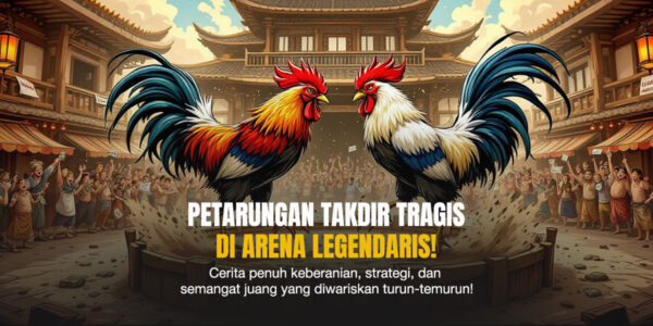 Dua ayam jago bertarung di tengah arena dengan kerumunan penonton di lingkungan tradisional bergaya oriental klasik.